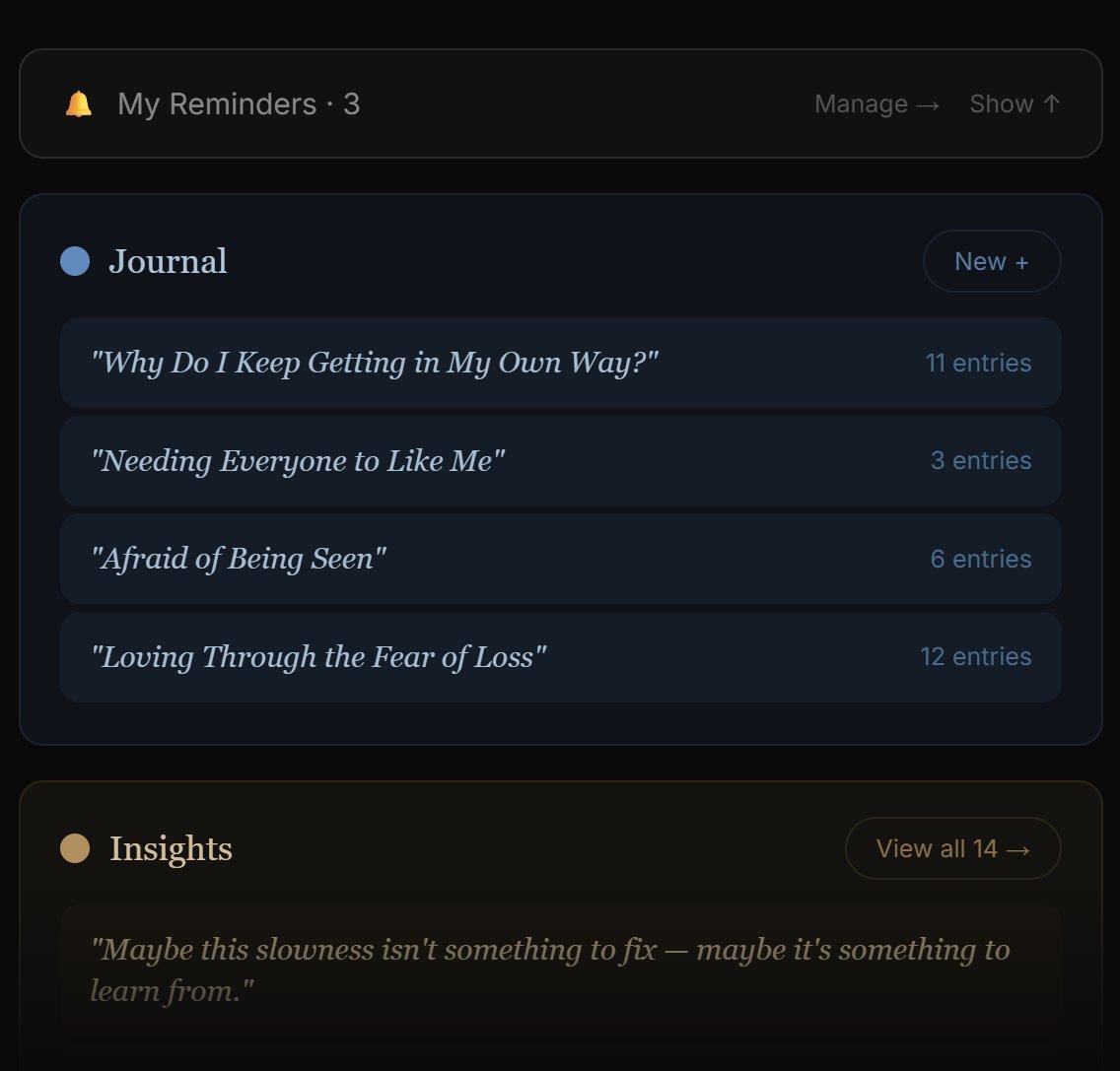 SelfChatter dashboard showing journal chapters, reminders, and insights