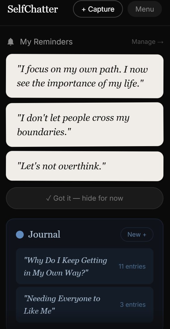 SelfChatter mobile app showing reminders and journal